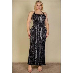 Plus Size Tie Dye Printed Cami Bodycon Maxi Dress- Black